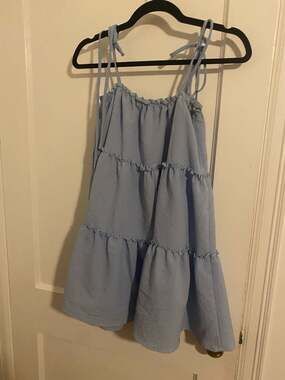 Fashion Nova Baby Blue Crinkle Tiered Tie-Strap Mini Dress